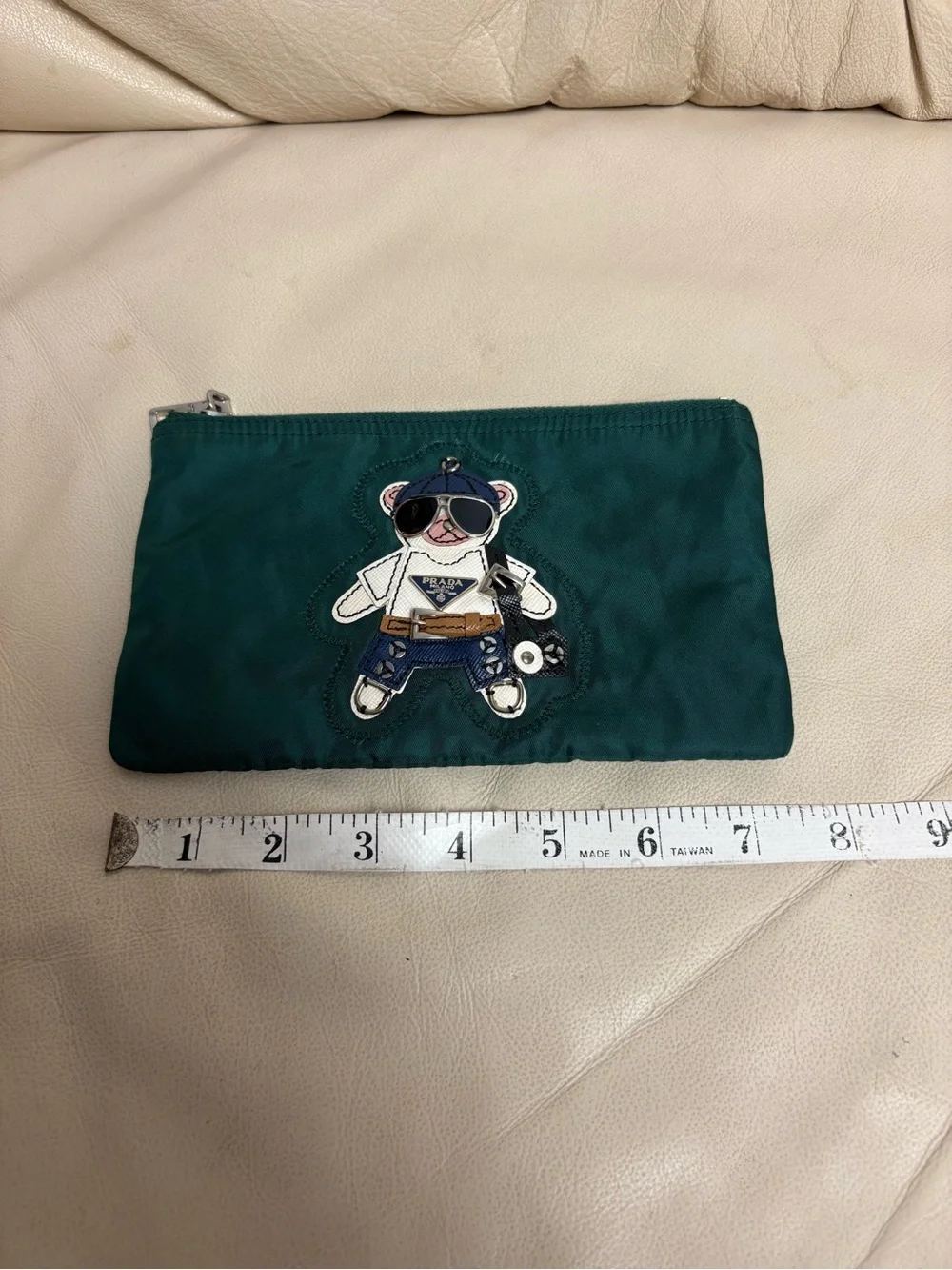 PRADA Green Bear Nylon Zipper Pouch 7 x 4 inches Tessuto